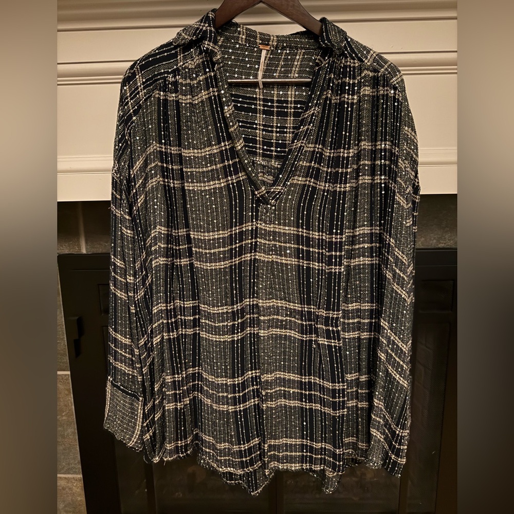 Free People Oversized Black and White Textured Top